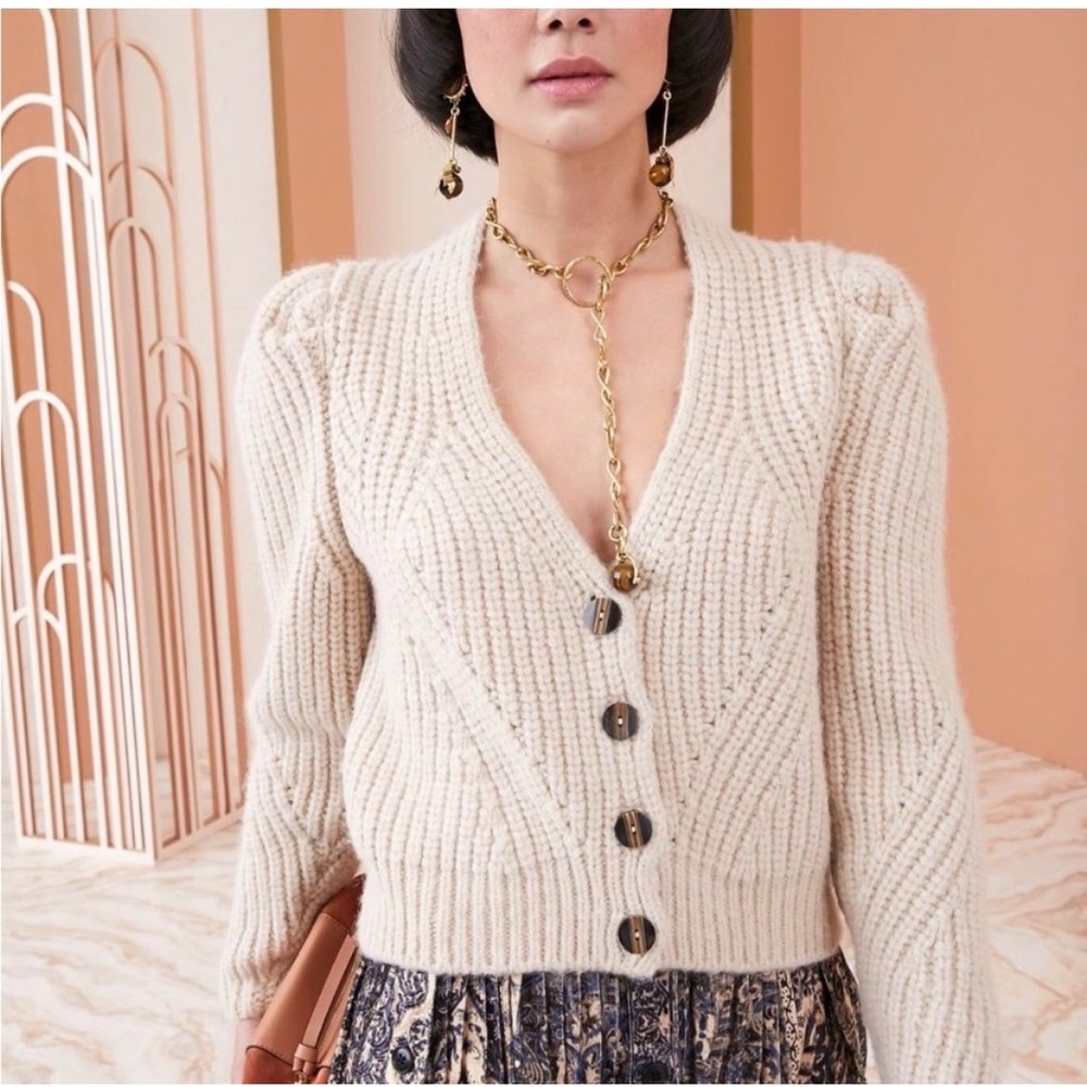 Ulla Johnson Greta Cardigan Alpaca Blend Chunky Knit Puff Shoulder Beige M